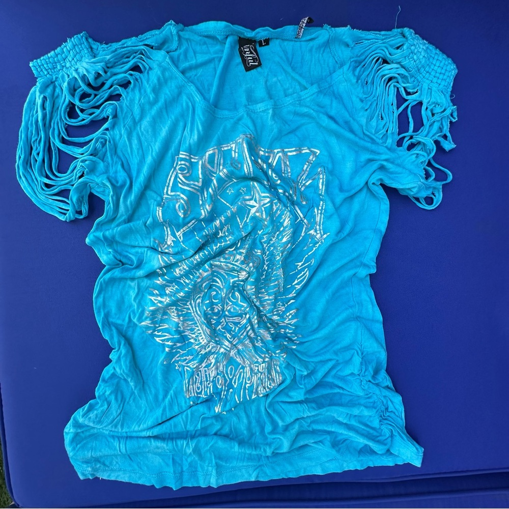 Sinfull, vintage blue short sleeve top with fridge,  mint condition